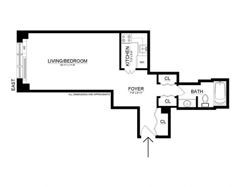 Floor plan for studio, 1 bath, 470 sqft